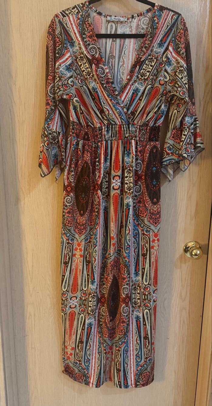 Lepogee Paisley Boho Maxi Dress Size L Smocked Waist Bell Sleeve